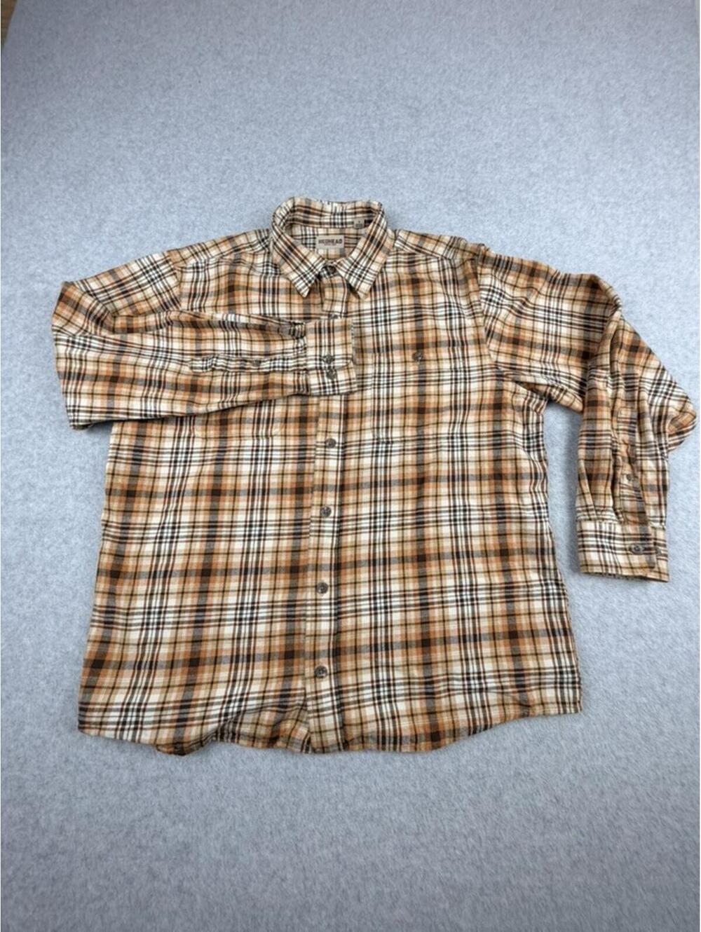 REDHEAD Mens Flannel Shirt Long Sleeve Button‎ Up L Orange Brown Plaid